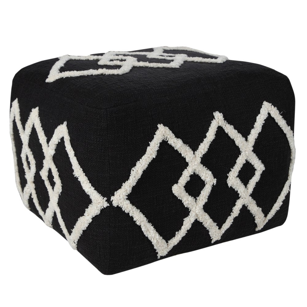 18" Black Cotton Geometric Pouf Ottoman