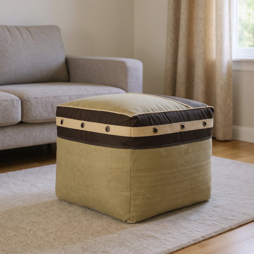 20" Brown Cotton Striped Pouf Ottoman