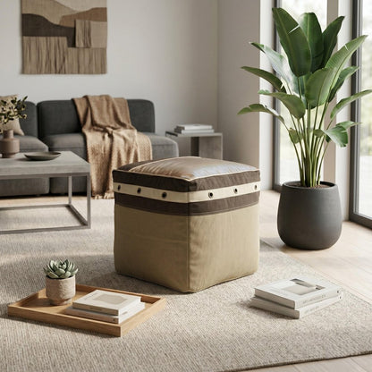 20" Brown Cotton Striped Pouf Ottoman