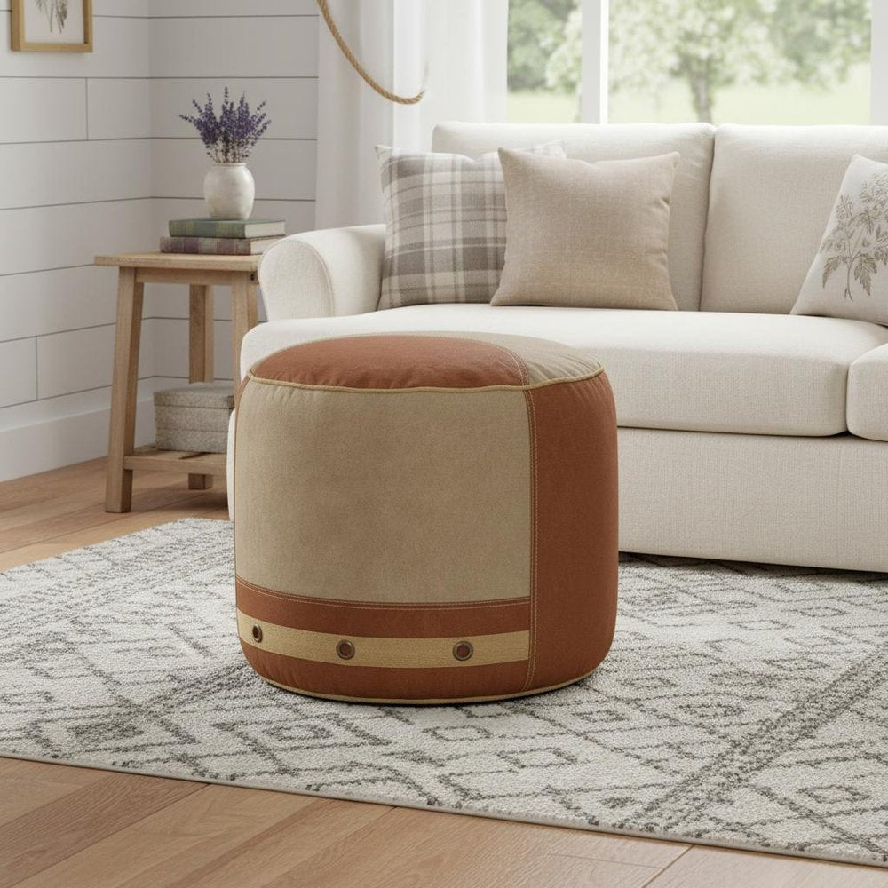 16" Tan Cotton Striped Cylinder Pouf Ottoman