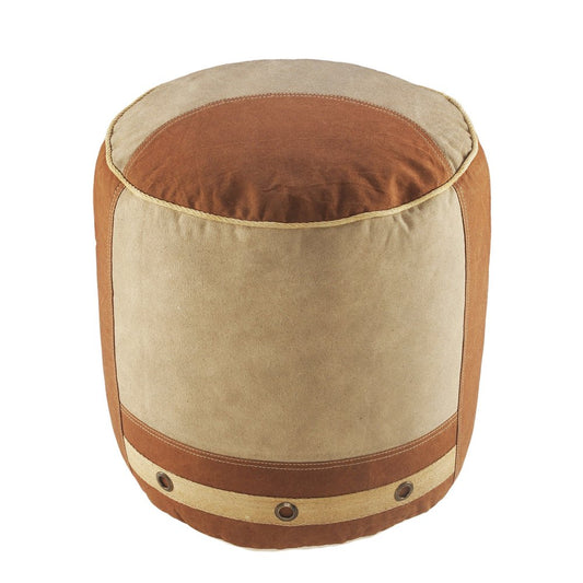 16" Tan Cotton Cylinder Striped Pouf Ottoman