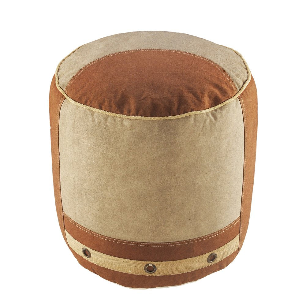 16" Tan Cotton Cylinder Striped Pouf Ottoman