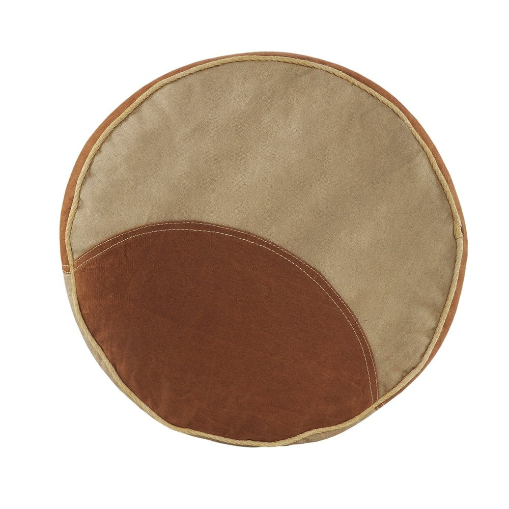 16" Tan Cotton Cylinder Striped Pouf Ottoman