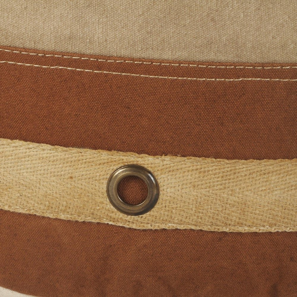 16" Tan Cotton Striped Cylinder Pouf Ottoman