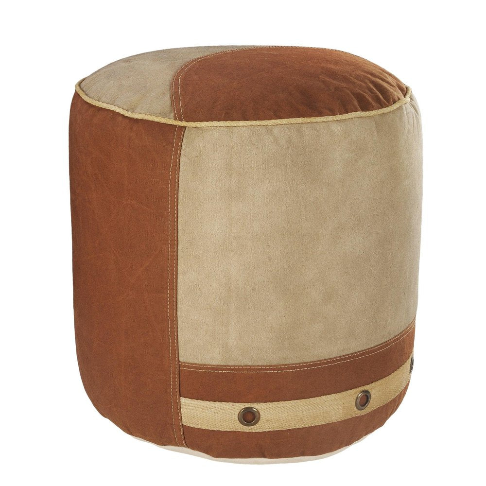 16" Tan Cotton Striped Cylinder Pouf Ottoman