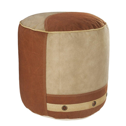 16" Tan Cotton Striped Cylinder Pouf Ottoman