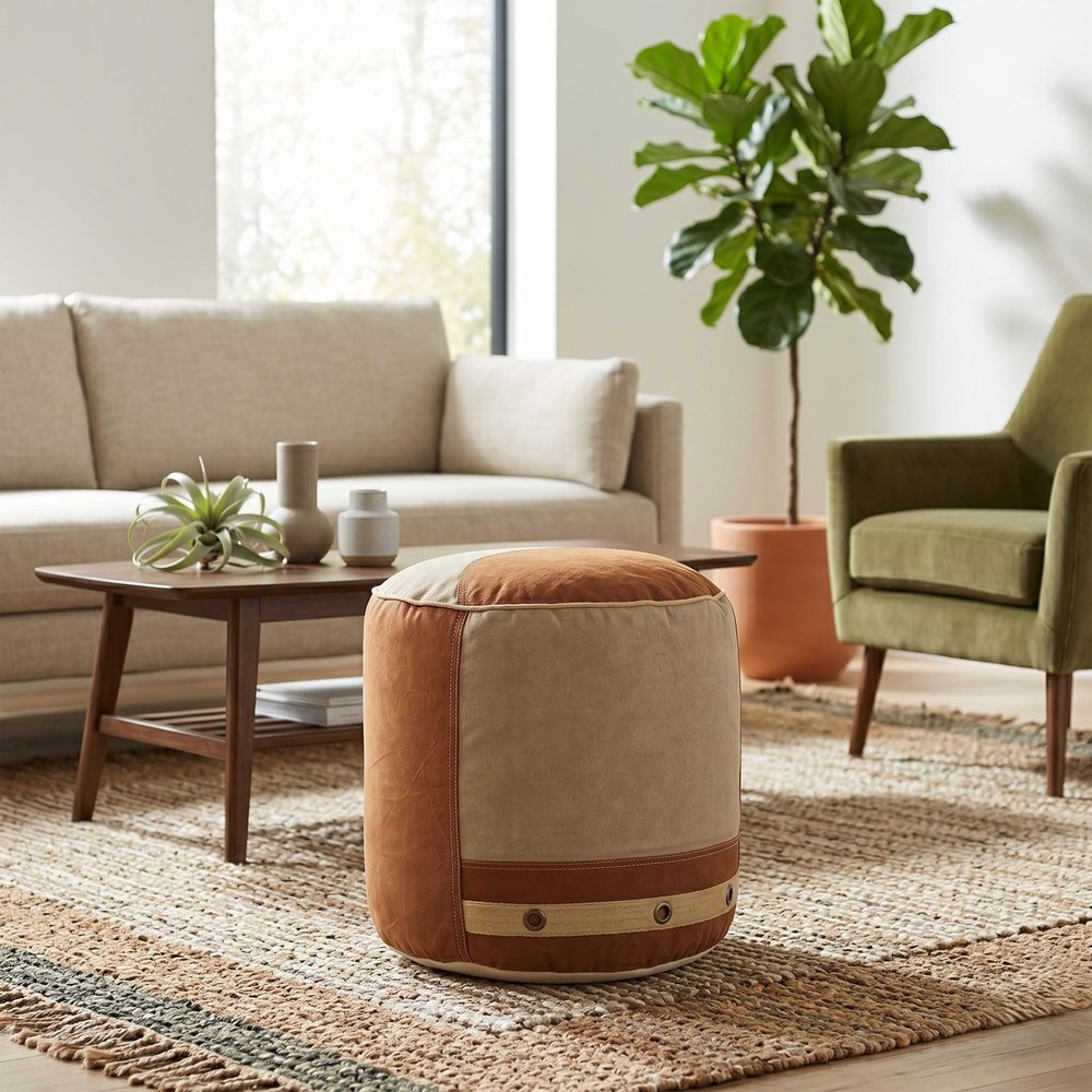 16" Tan Cotton Striped Cylinder Pouf Ottoman