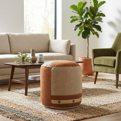 16" Tan Cotton Striped Cylinder Pouf Ottoman