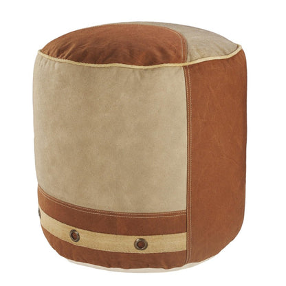 16" Tan Cotton Striped Cylinder Pouf Ottoman
