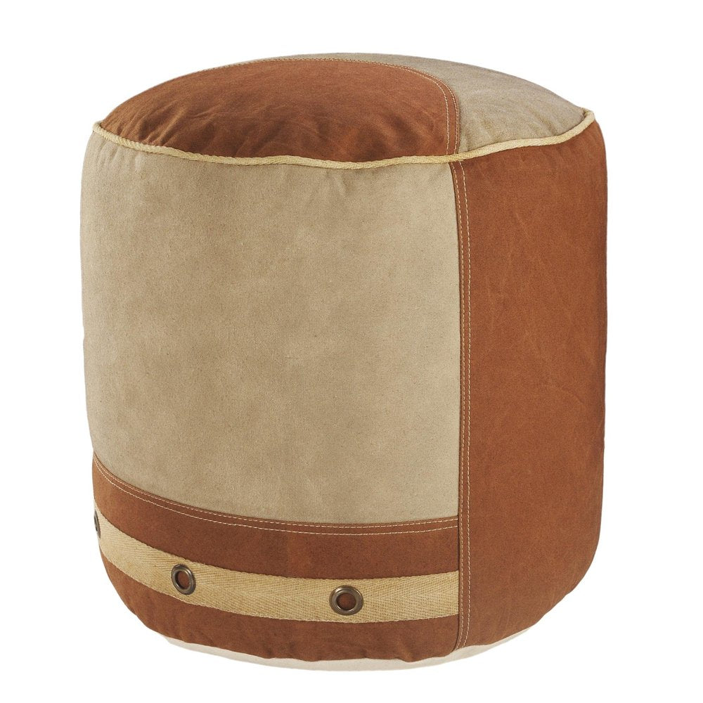 16" Tan Cotton Striped Cylinder Pouf Ottoman