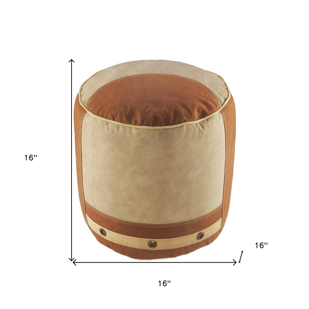 16" Tan Cotton Cylinder Striped Pouf Ottoman