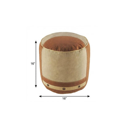 16" Tan Cotton Striped Cylinder Pouf Ottoman