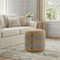 16" Tan Cotton Striped Cylinder Pouf Ottoman
