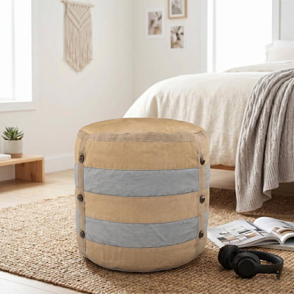 16" Tan Cotton Striped Cylinder Pouf Ottoman