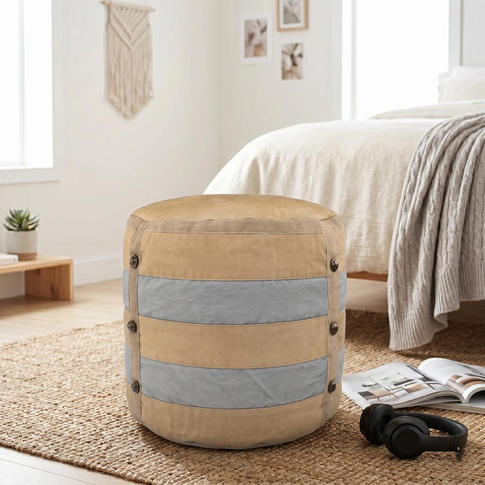 16" Tan Cotton Striped Cylinder Pouf Ottoman