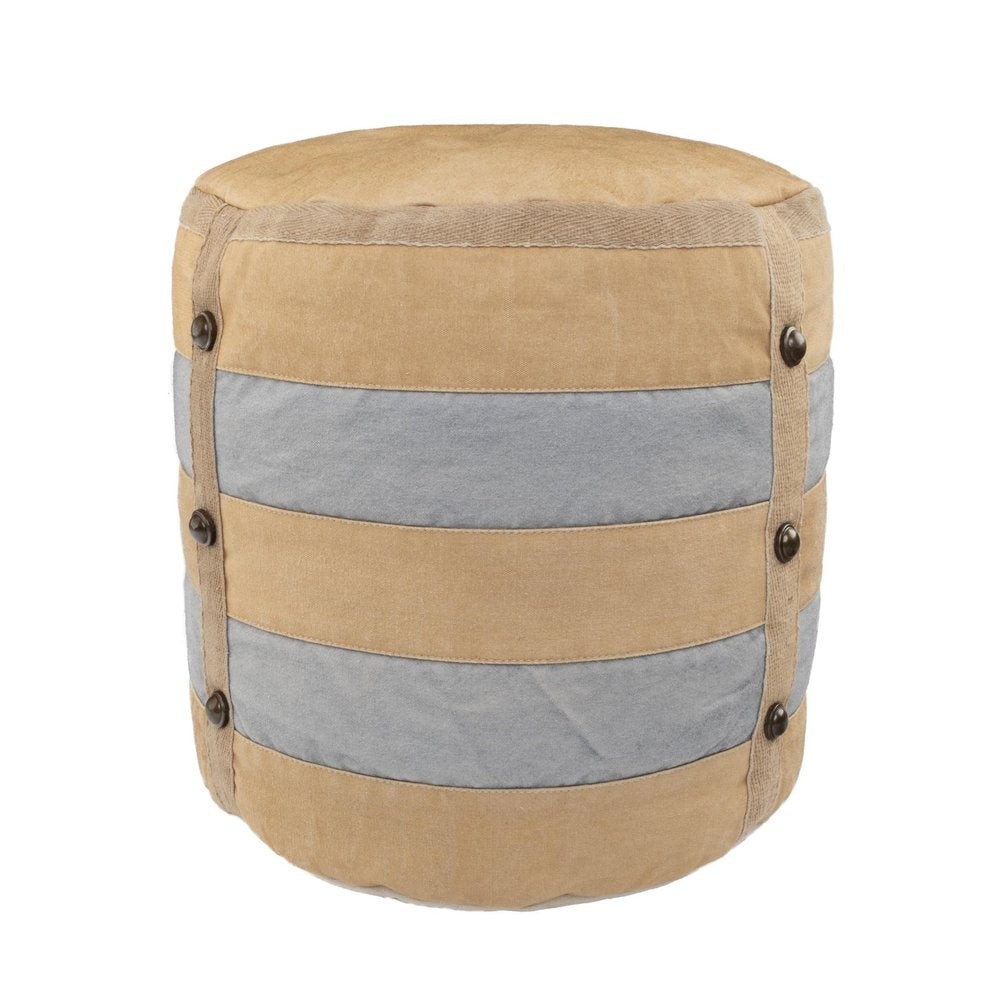 16" Tan Cotton Striped Cylinder Pouf Ottoman