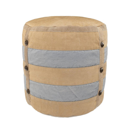 16" Tan Cotton Striped Cylinder Pouf Ottoman