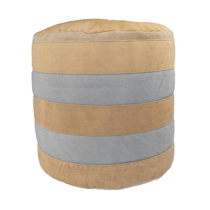 16" Tan Cotton Striped Cylinder Pouf Ottoman