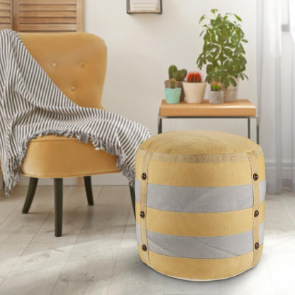 16" Tan Cotton Striped Cylinder Pouf Ottoman