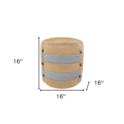 16" Tan Cotton Cylinder Striped Pouf Ottoman