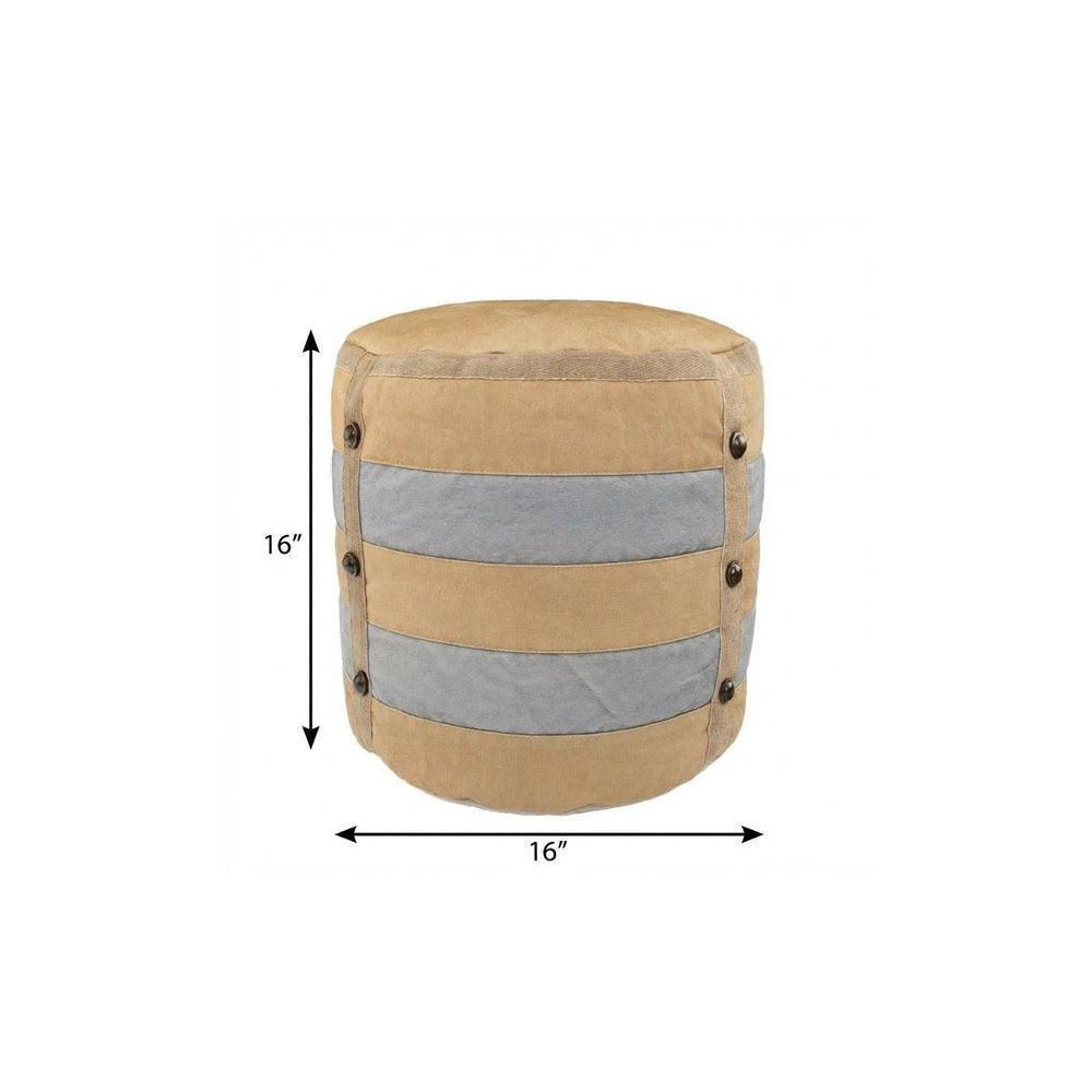 16" Tan Cotton Striped Cylinder Pouf Ottoman