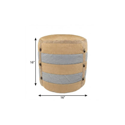 16" Tan Cotton Striped Cylinder Pouf Ottoman