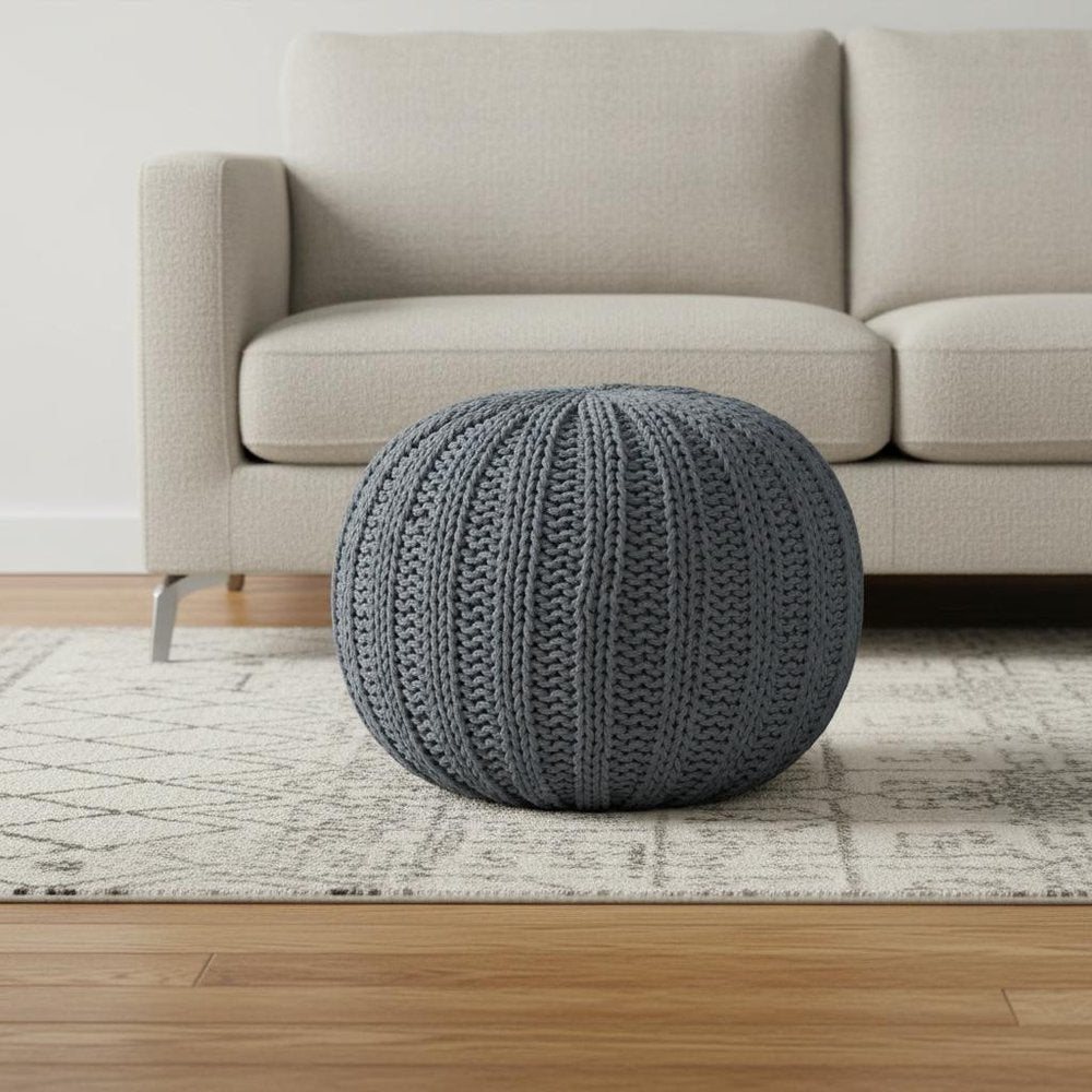 20" Gray Cotton Round Pouf Ottoman