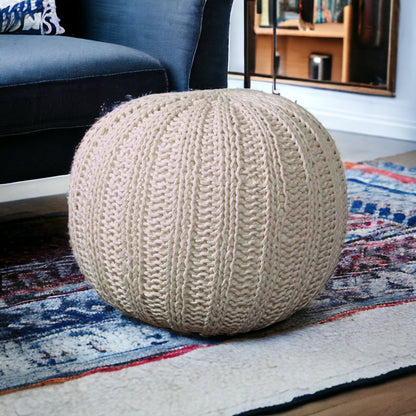 20" Beige Cotton Round Pouf Ottoman