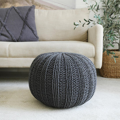 20" Black Cotton Round Pouf Ottoman