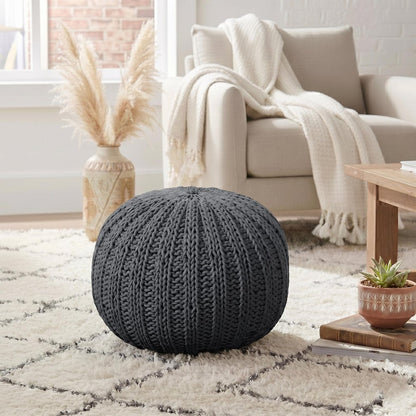 20" Black Cotton Round Pouf Ottoman