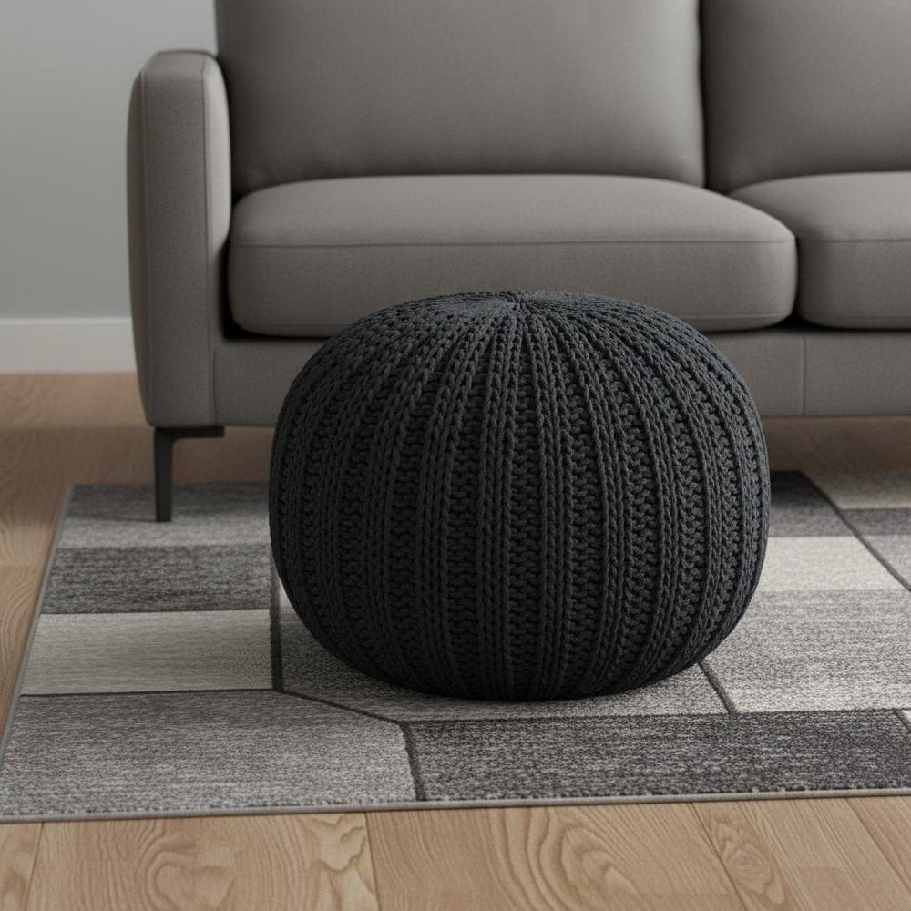 20" Beige Cotton Round Pouf Ottoman