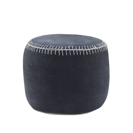 18" Blue Cotton Cylinder Striped Pouf Ottoman