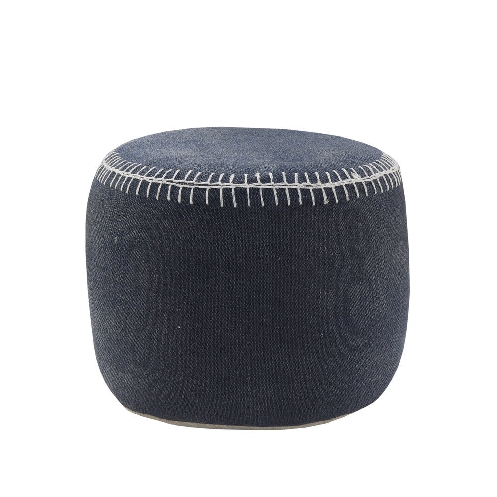 18" Blue Cotton Cylinder Striped Pouf Ottoman