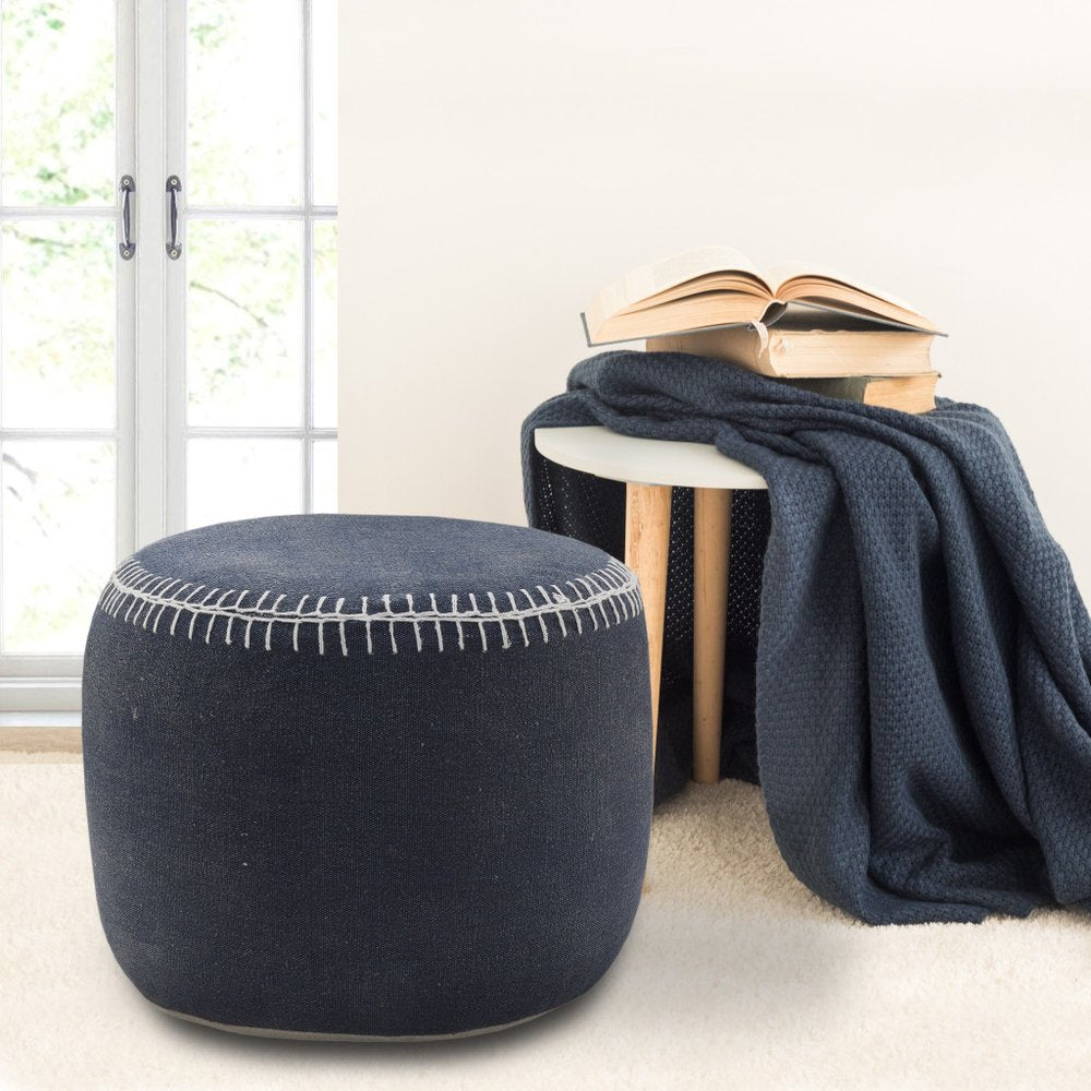 18" Blue Cotton Cylinder Striped Pouf Ottoman