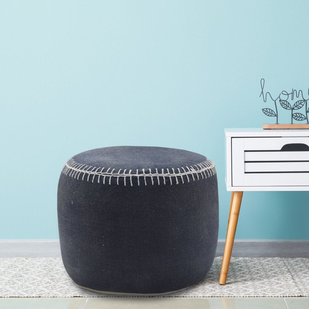 18" Blue Cotton Cylinder Striped Pouf Ottoman