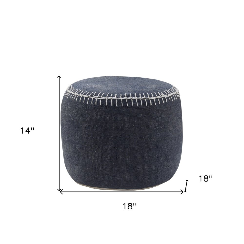 18" Blue Cotton Cylinder Striped Pouf Ottoman