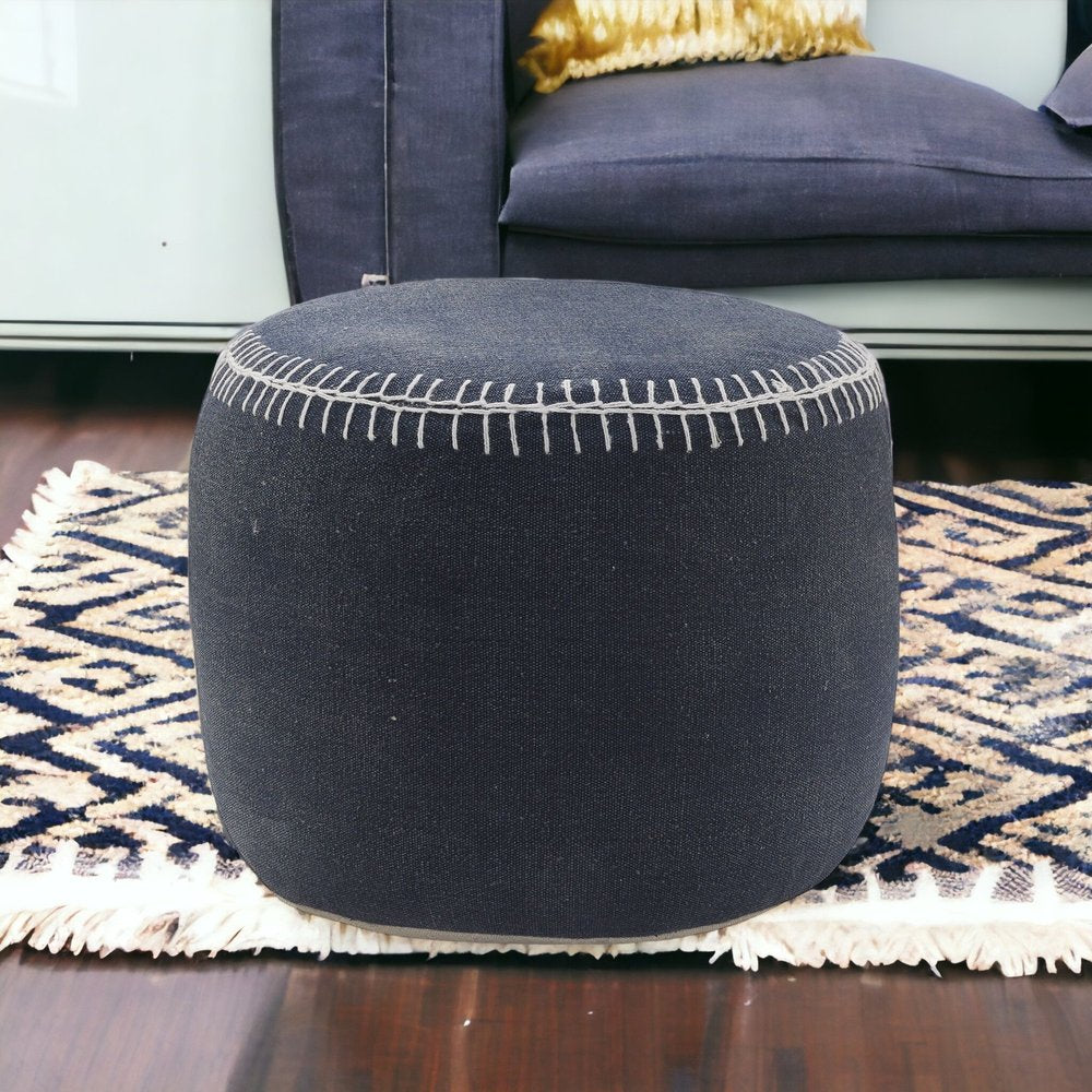 18" Blue Cotton Cylinder Striped Pouf Ottoman