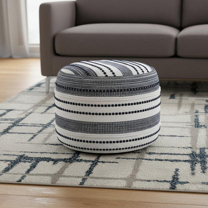 18" Blue Cotton Cylinder Striped Pouf Ottoman