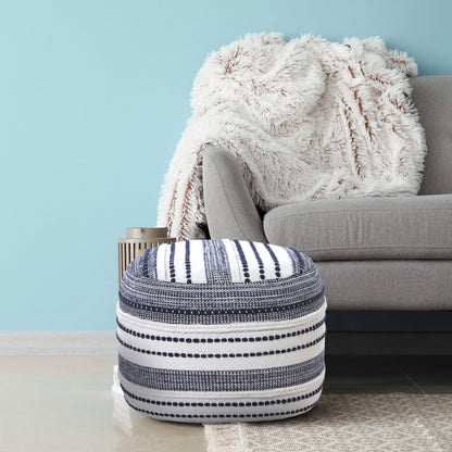 18" Blue Cotton Cylinder Striped Pouf Ottoman