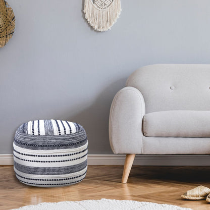 18" Blue Cotton Cylinder Striped Pouf Ottoman