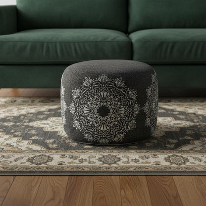 18" Black Cotton Medallion Cylinder Pouf Ottoman