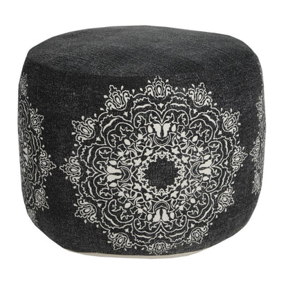 18" Black Cotton Cylinder Medallion Pouf Ottoman