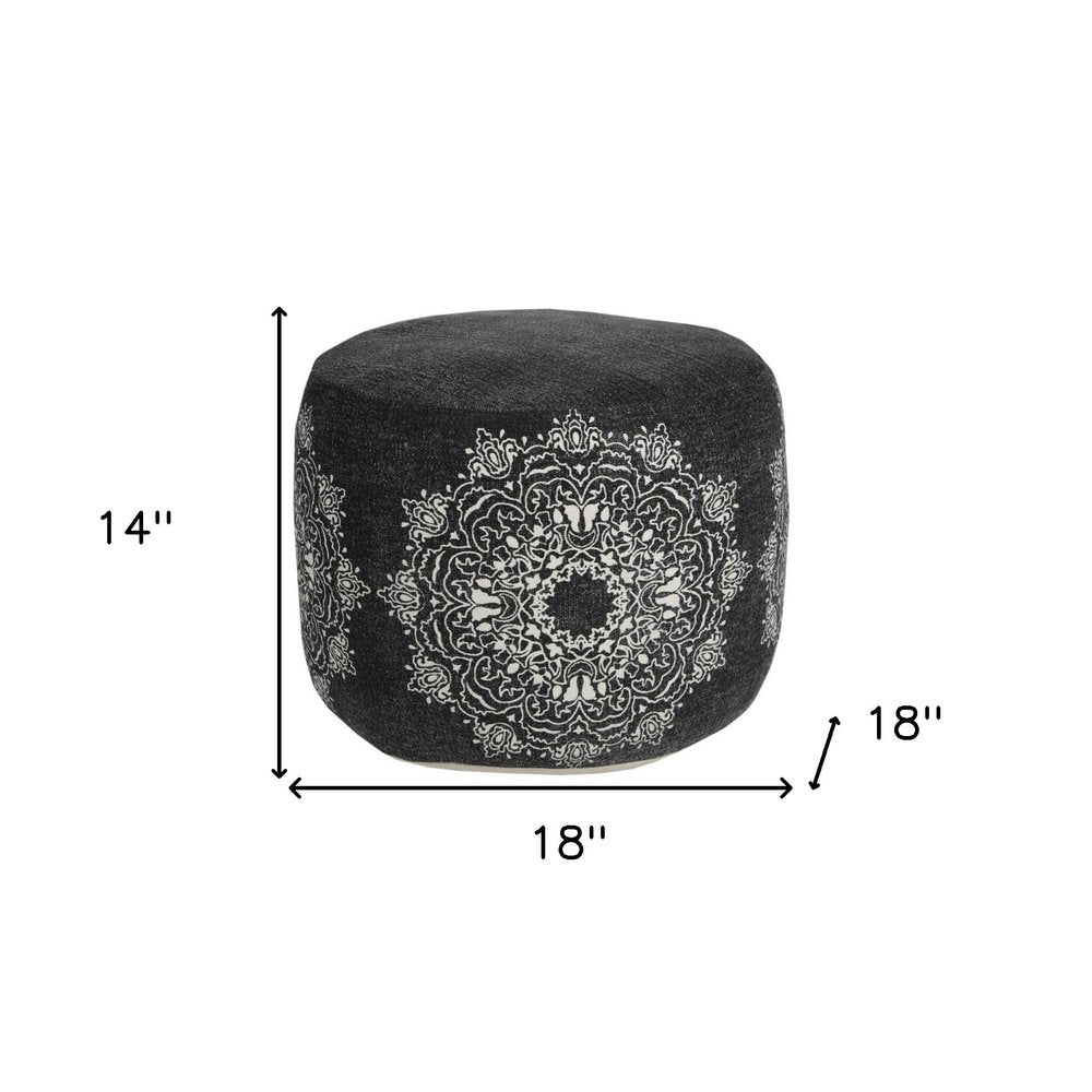 18" Black Cotton Medallion Cylinder Pouf Ottoman