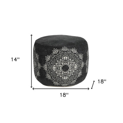 18" Black Cotton Medallion Cylinder Pouf Ottoman