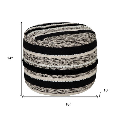 18" White Cotton Cylinder Striped Pouf Ottoman
