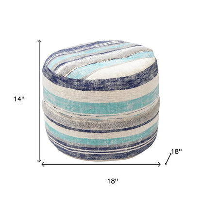 18" Blue Cotton Cylinder Striped Pouf Ottoman