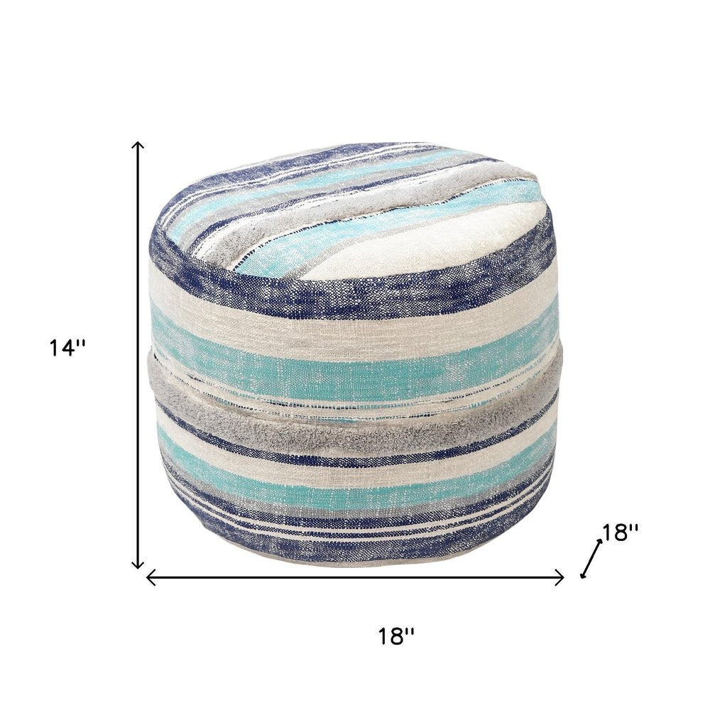 18" Blue Cotton Striped Cylinder Pouf Ottoman