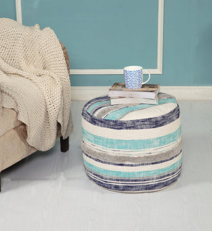 18" Blue Cotton Cylinder Striped Pouf Ottoman