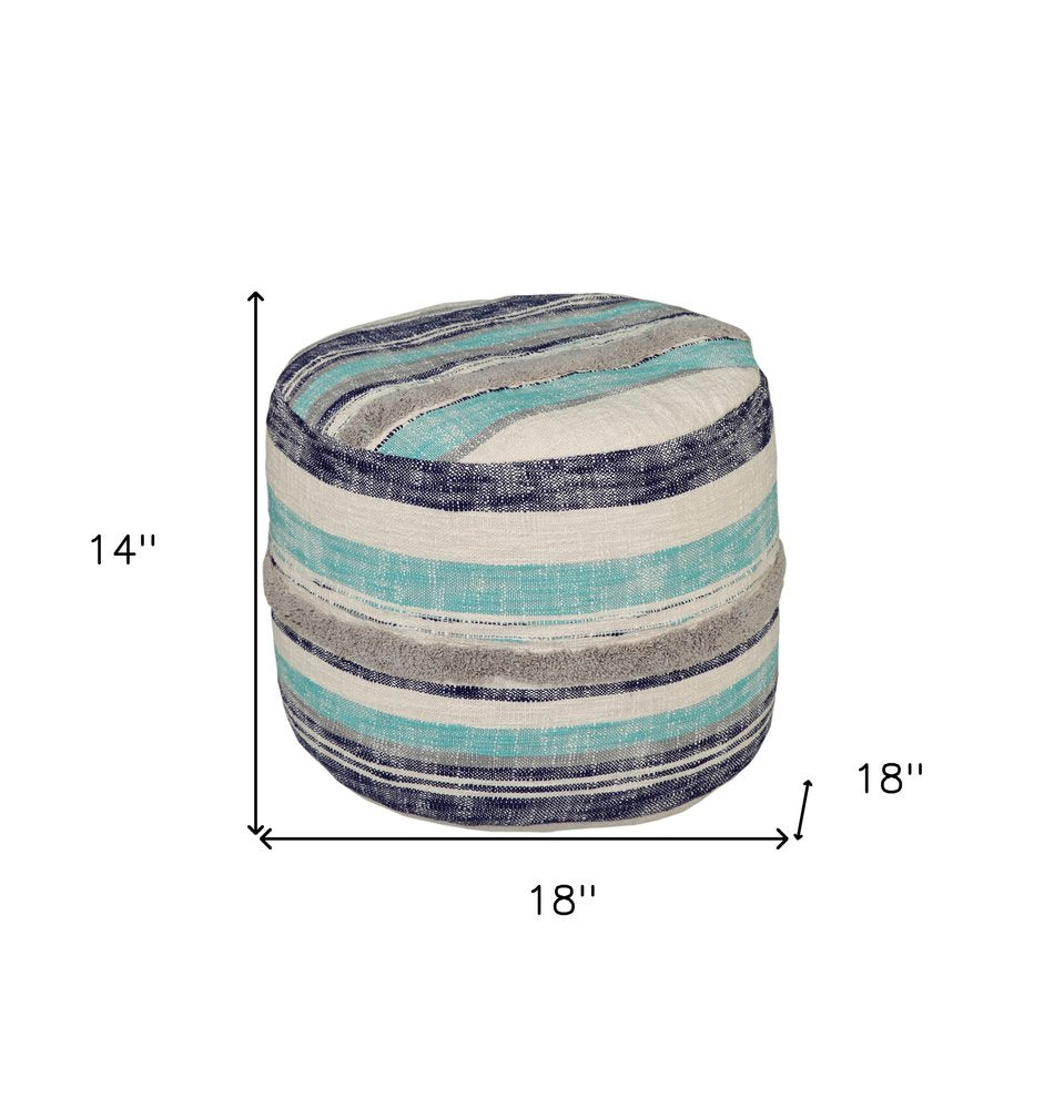 18" Blue Cotton Cylinder Striped Pouf Ottoman