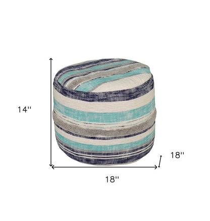 18" Blue Cotton Cylinder Striped Pouf Ottoman